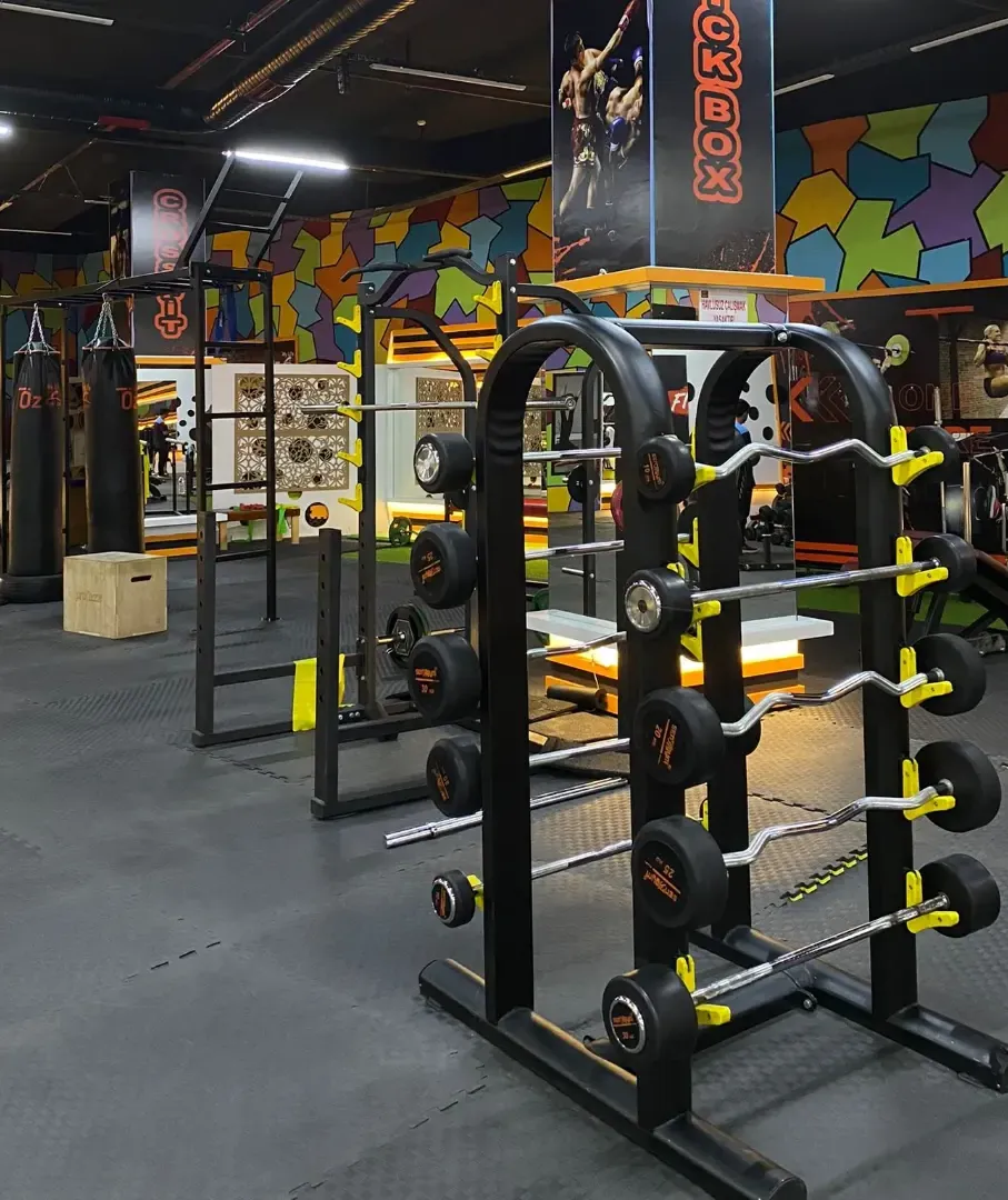 Ağırlık bölümü: barbell rafı, arkada kickboks alanı ve renkli mozaik duvar